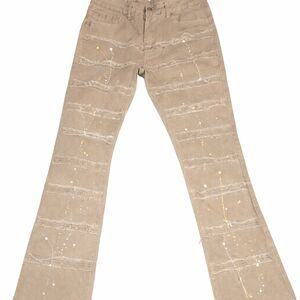 Men’s Distressed Stacked Flare Jeans – Tan Ripped Denim w/ Paint Splatter